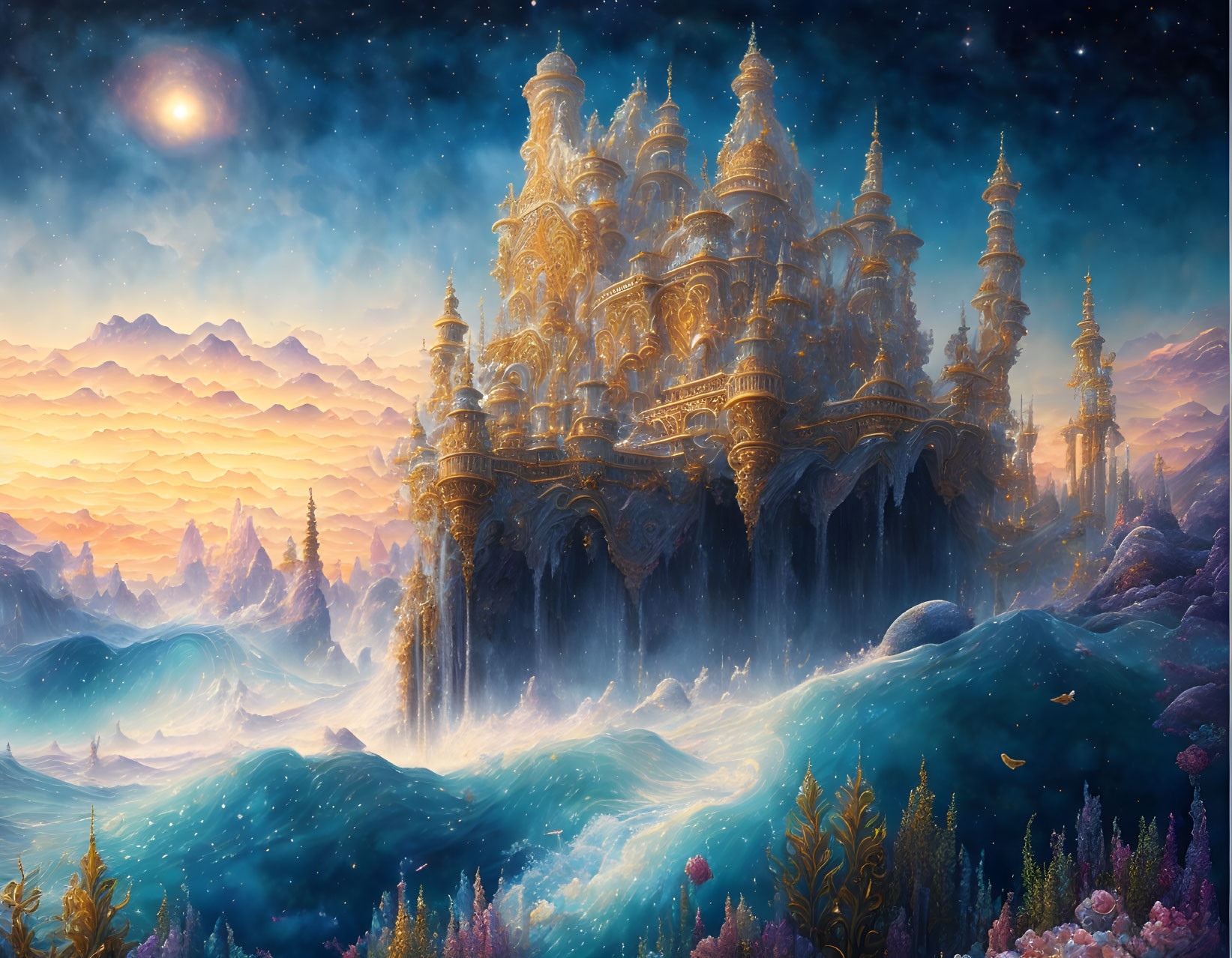 Golden palace with ornate spires on cliff overlooking sea with colorful coral reef under twilight sky.