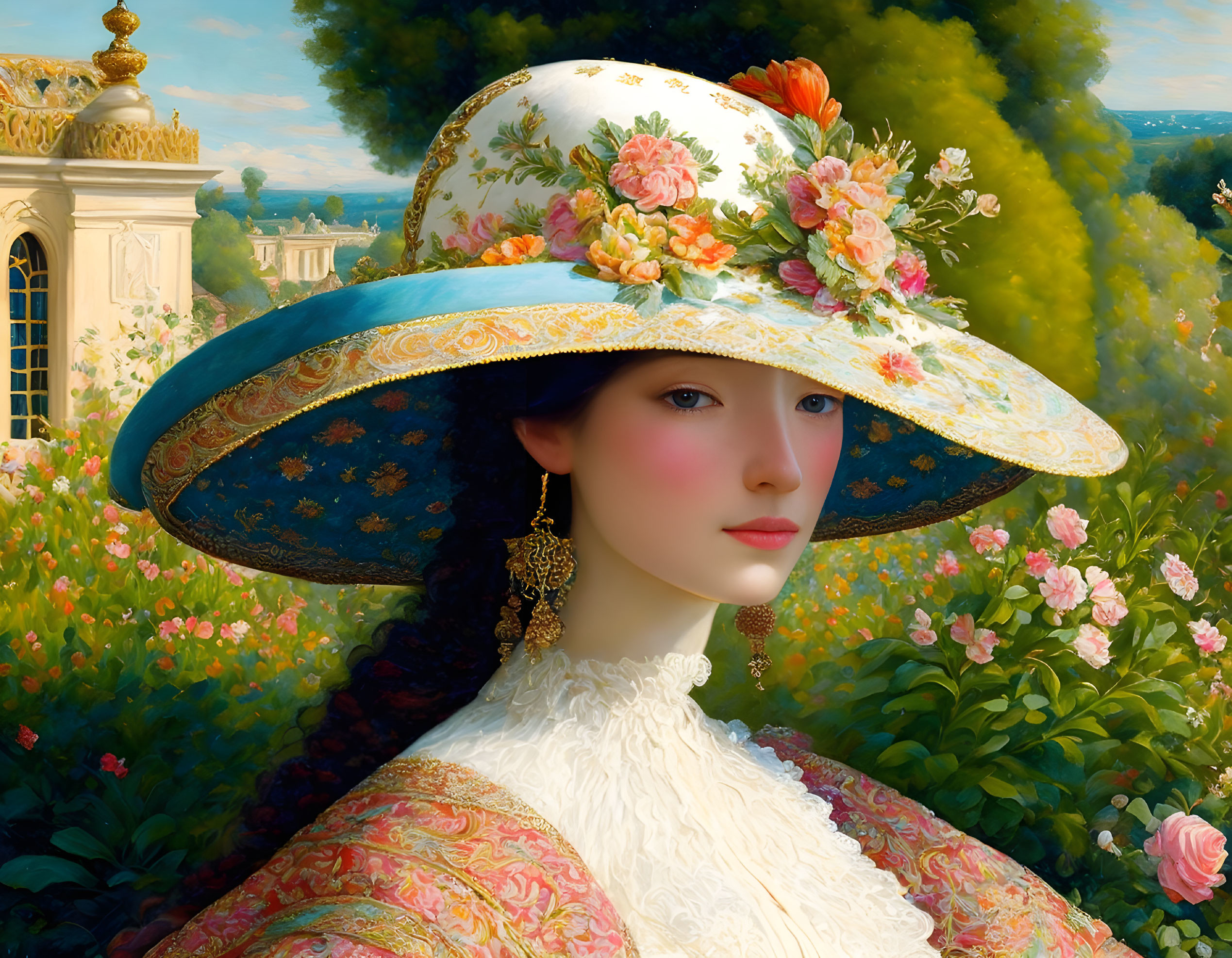 Portrait of Woman with Porcelain Skin and Floral Hat in Garden