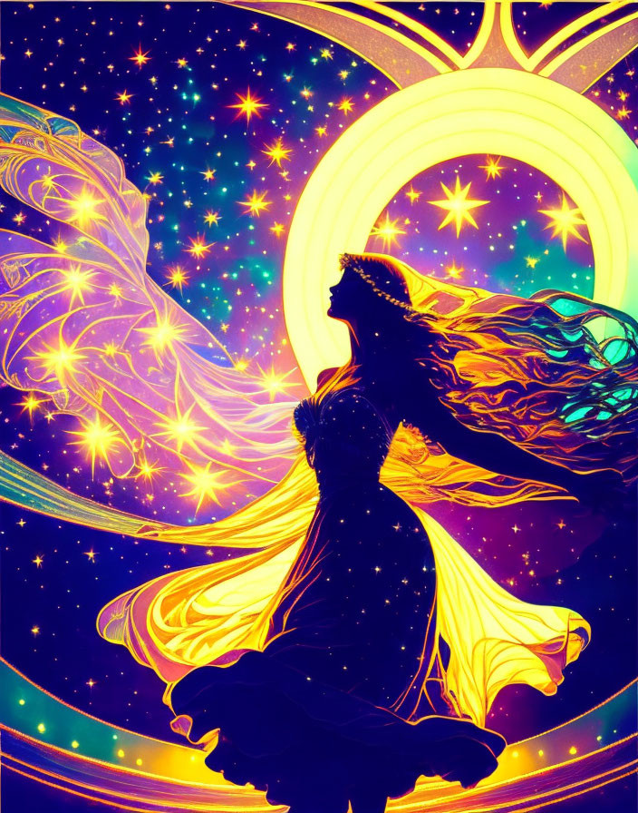 Silhouette of a Woman with Flowing Hair in Cosmic Background