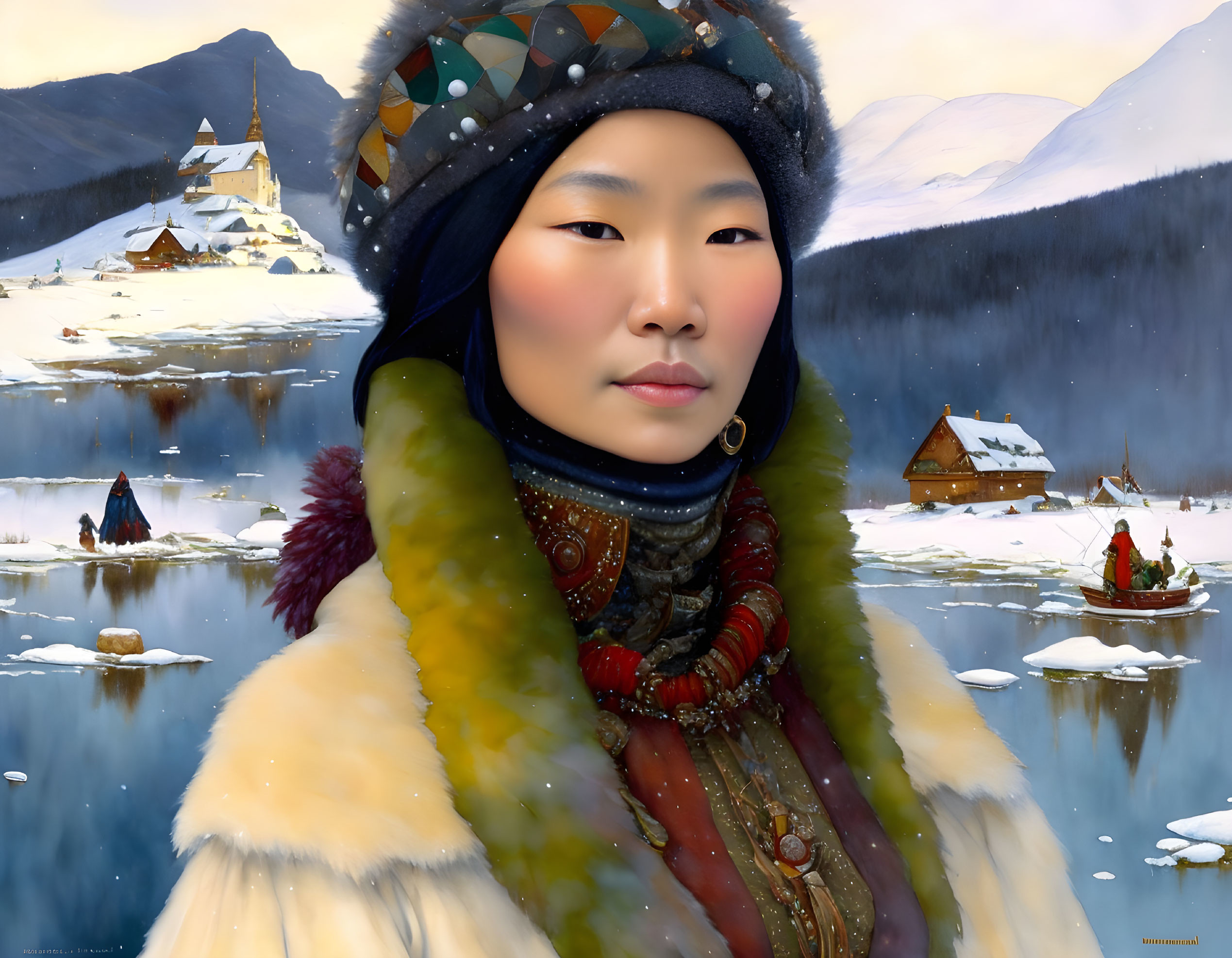 Woman in traditional winter attire with snowy village and ice-skating people.