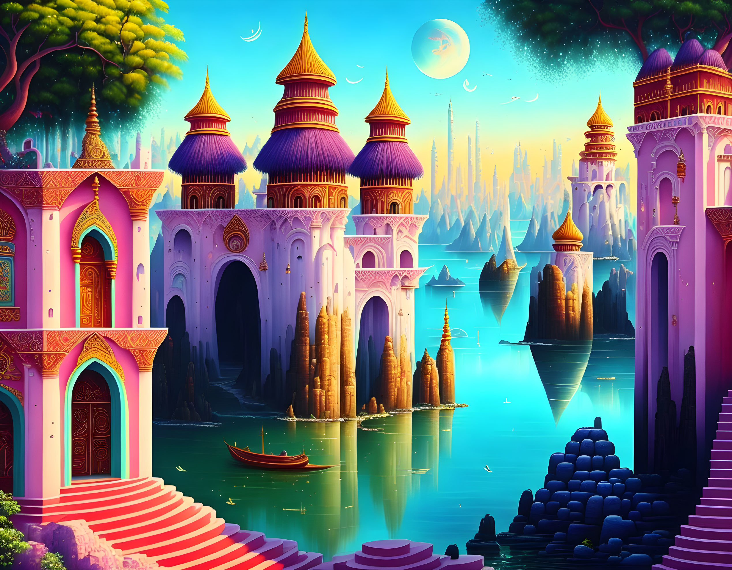 Colorful Palaces, Serene River, Boat, and Two Moons in Fantasy Landscape