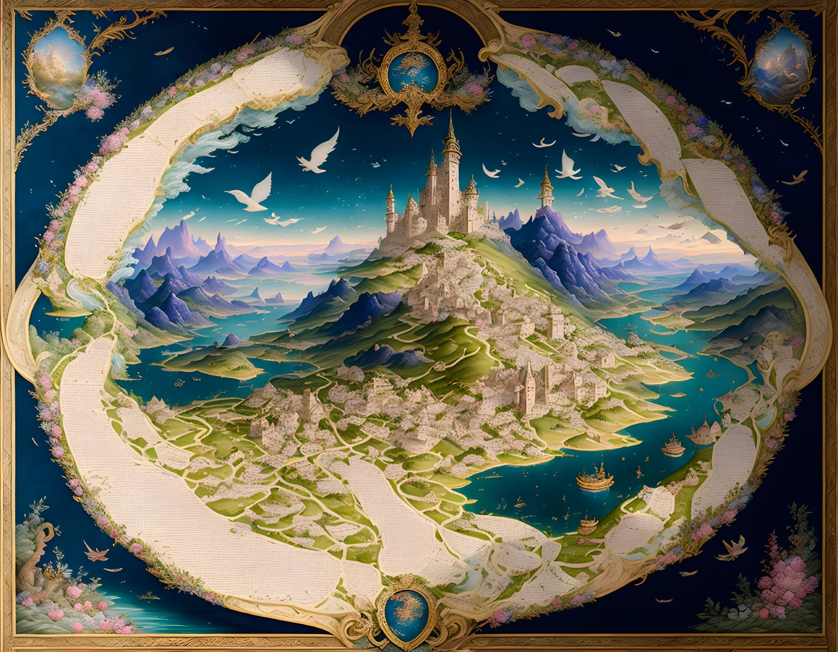 Castle on Mountain Surrounded by Peaks, Forests, and Fields in Celestial Frame