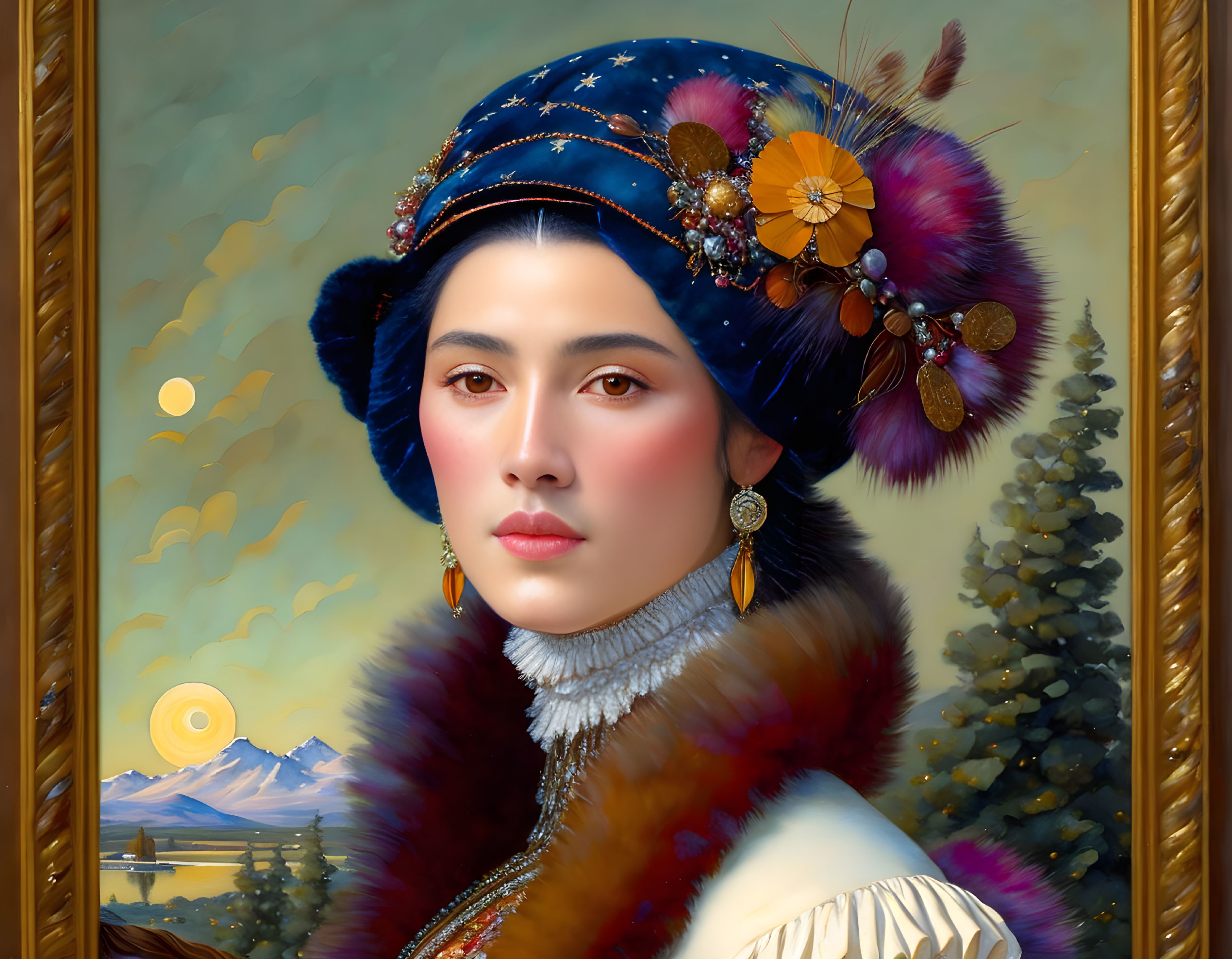 Luxurious Blue Hat Portrait with Stars and Feathers on Person Against Mountain Landscape