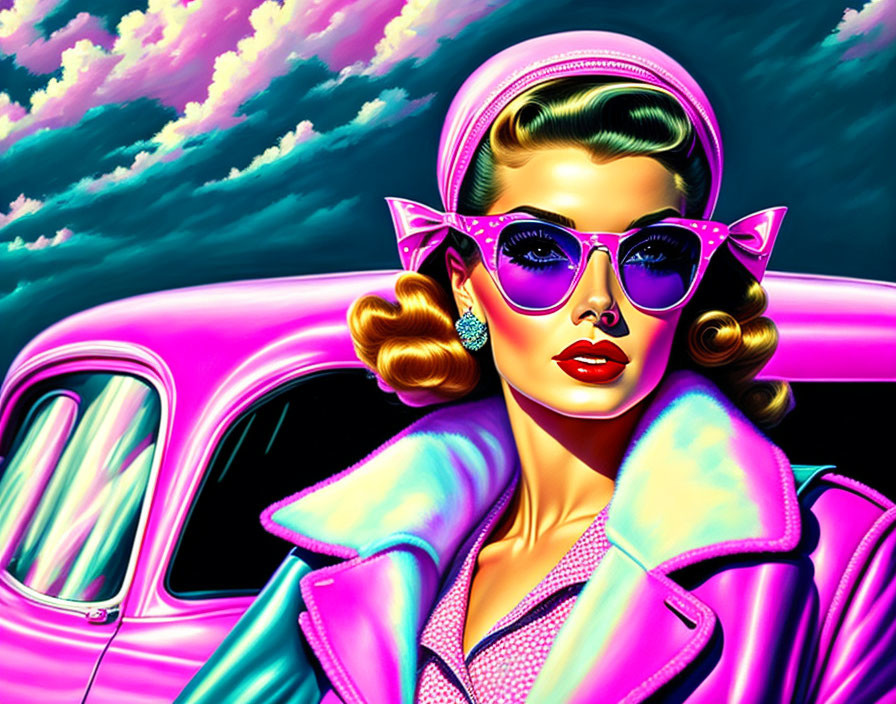 Illustration of woman in cat-eye sunglasses with vintage car and vibrant sky