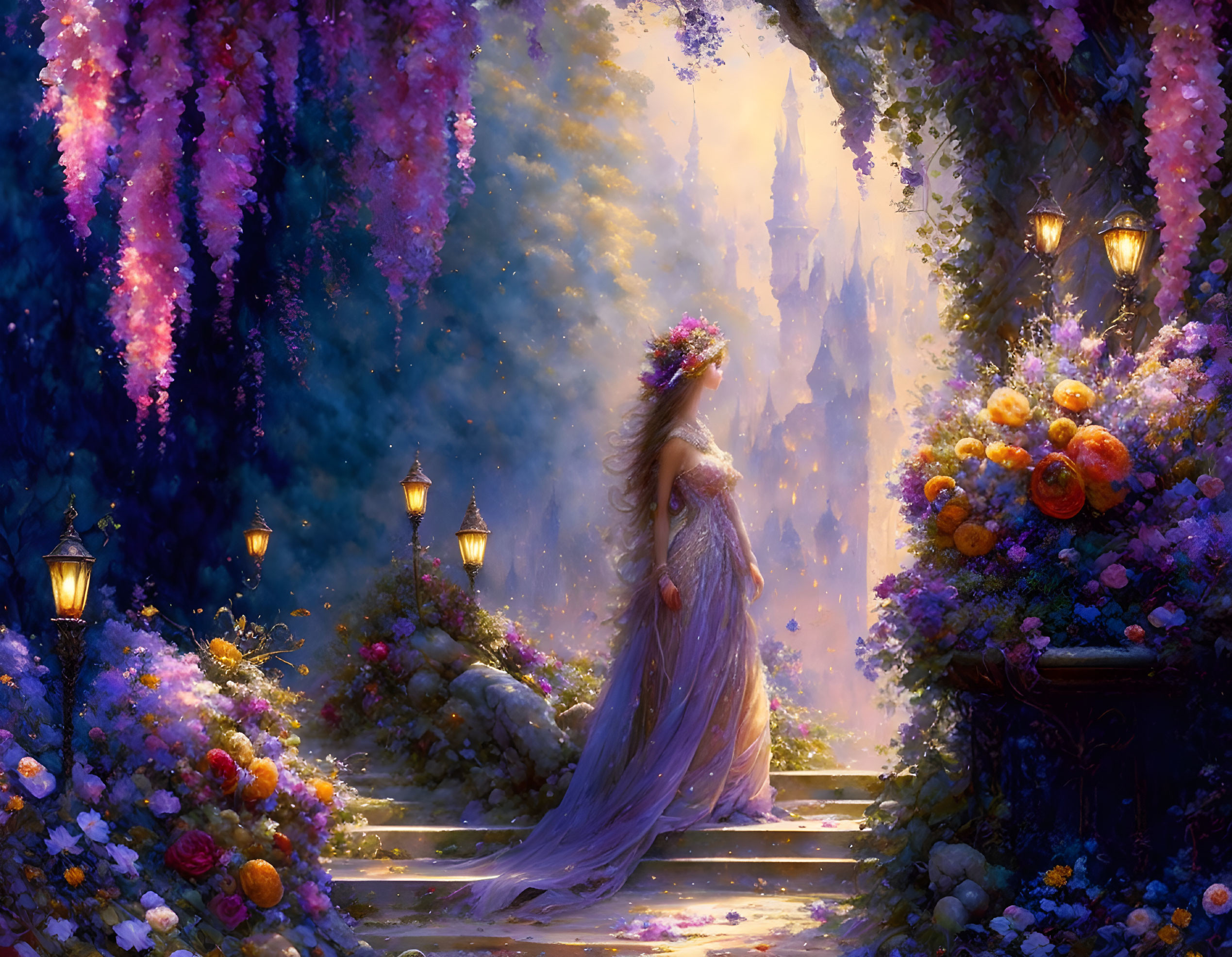 Woman in flowing gown on flower-lined staircase of enchanted castle at twilight.