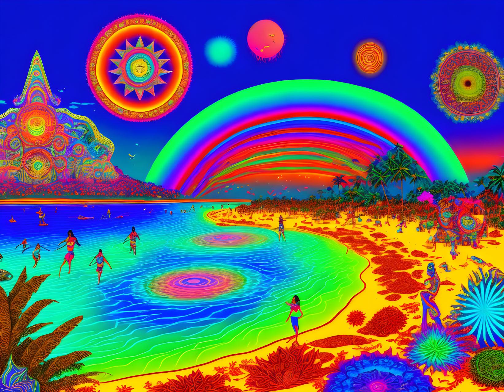 Colorful Psychedelic Beach Scene with People, Palms, and Swirling Patterns