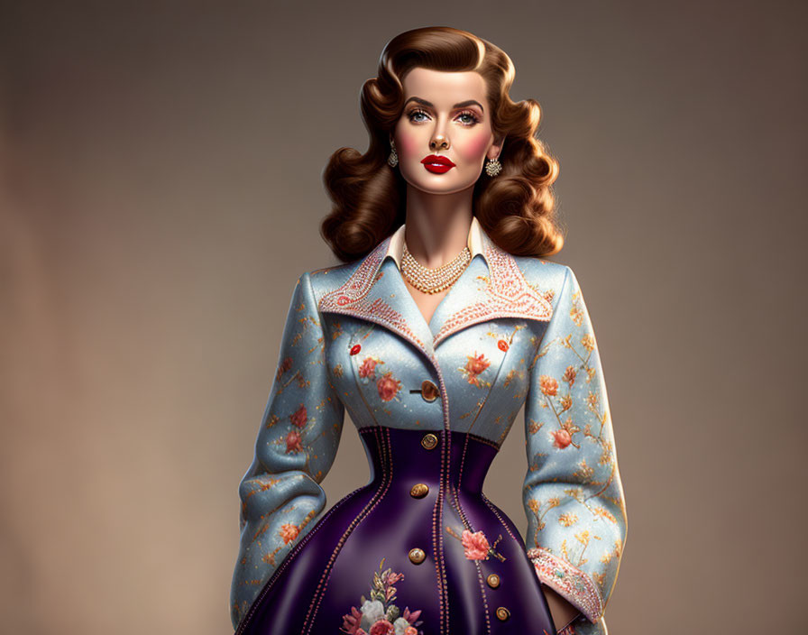 Vintage-style woman illustration with wavy hair, pearl necklace, floral dress, blue coat