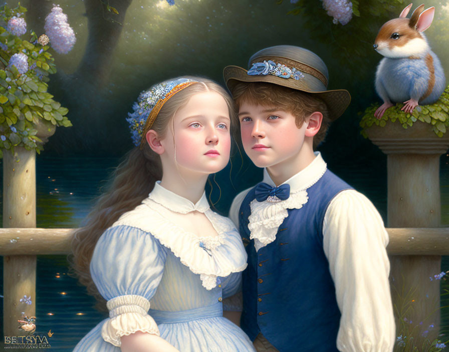 Whimsical digital art of young boy and girl with rabbit in vintage setting.