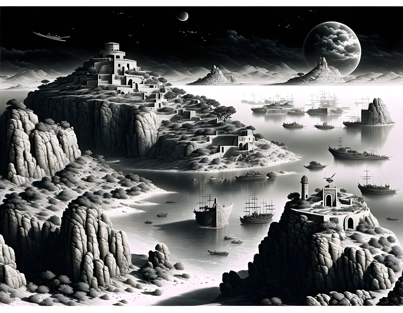 Monochromatic coastal scene with ships, lighthouse, cliffs, and moon