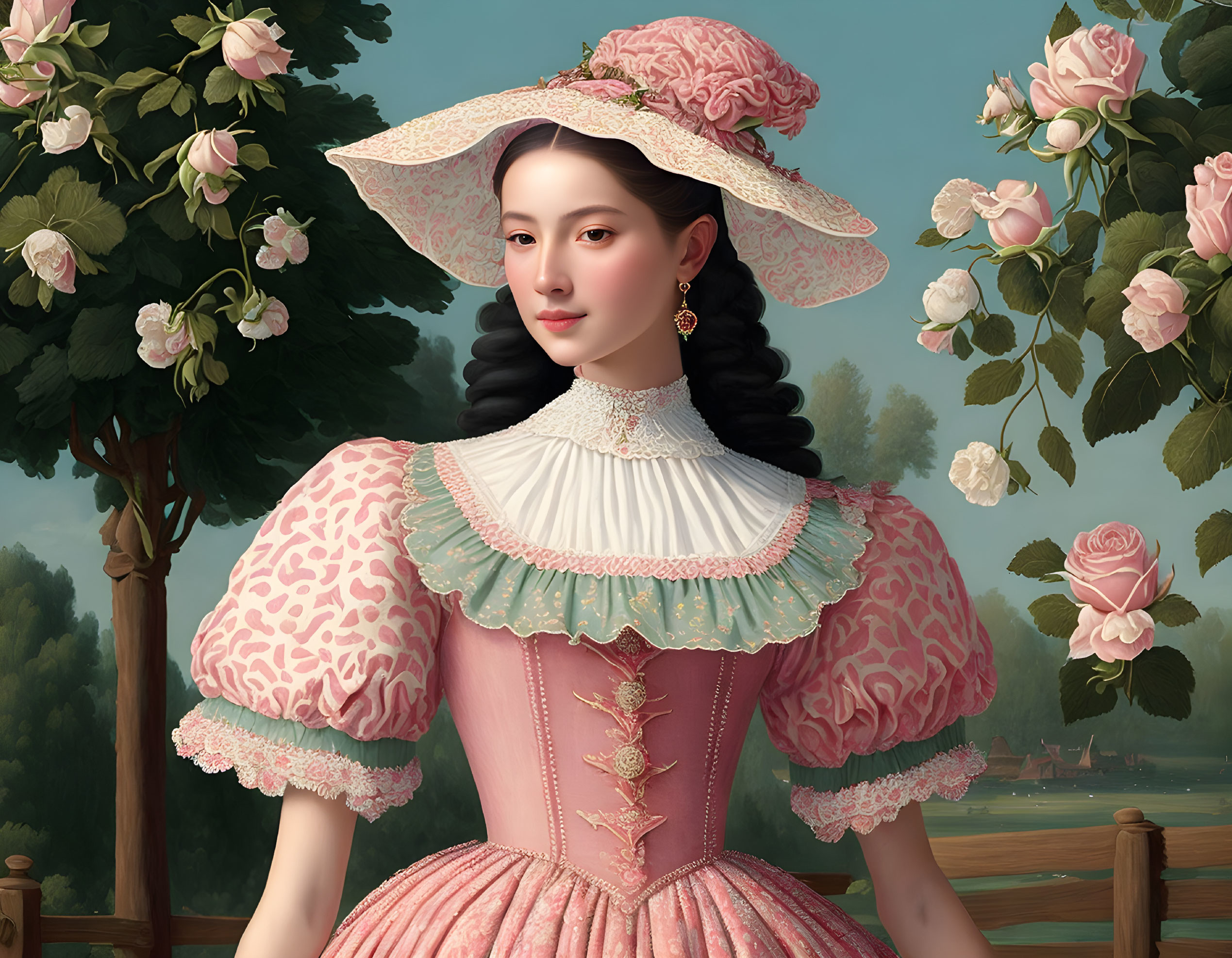 Pink vintage dress digital painting of a woman with wide-brimmed hat and roses