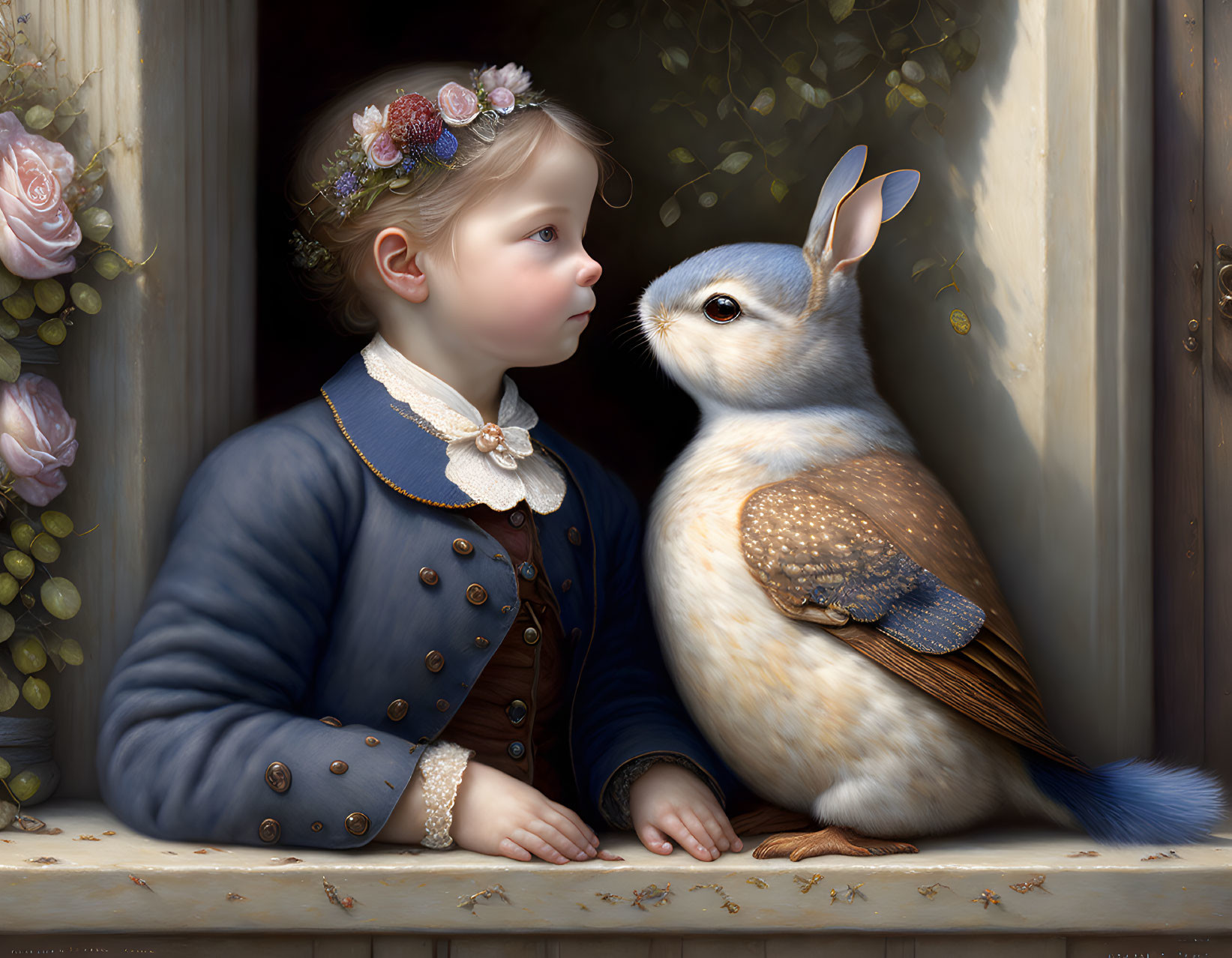 Vintage Attired Young Girl with Floral Headband Gazing at Bird-Rabbit Creature