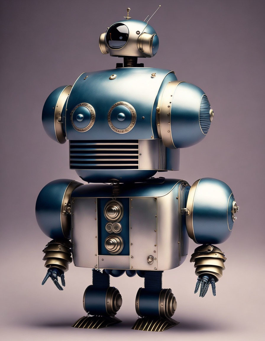 Vintage-Style Robot with Round Head and Metallic Blue/Silver Body