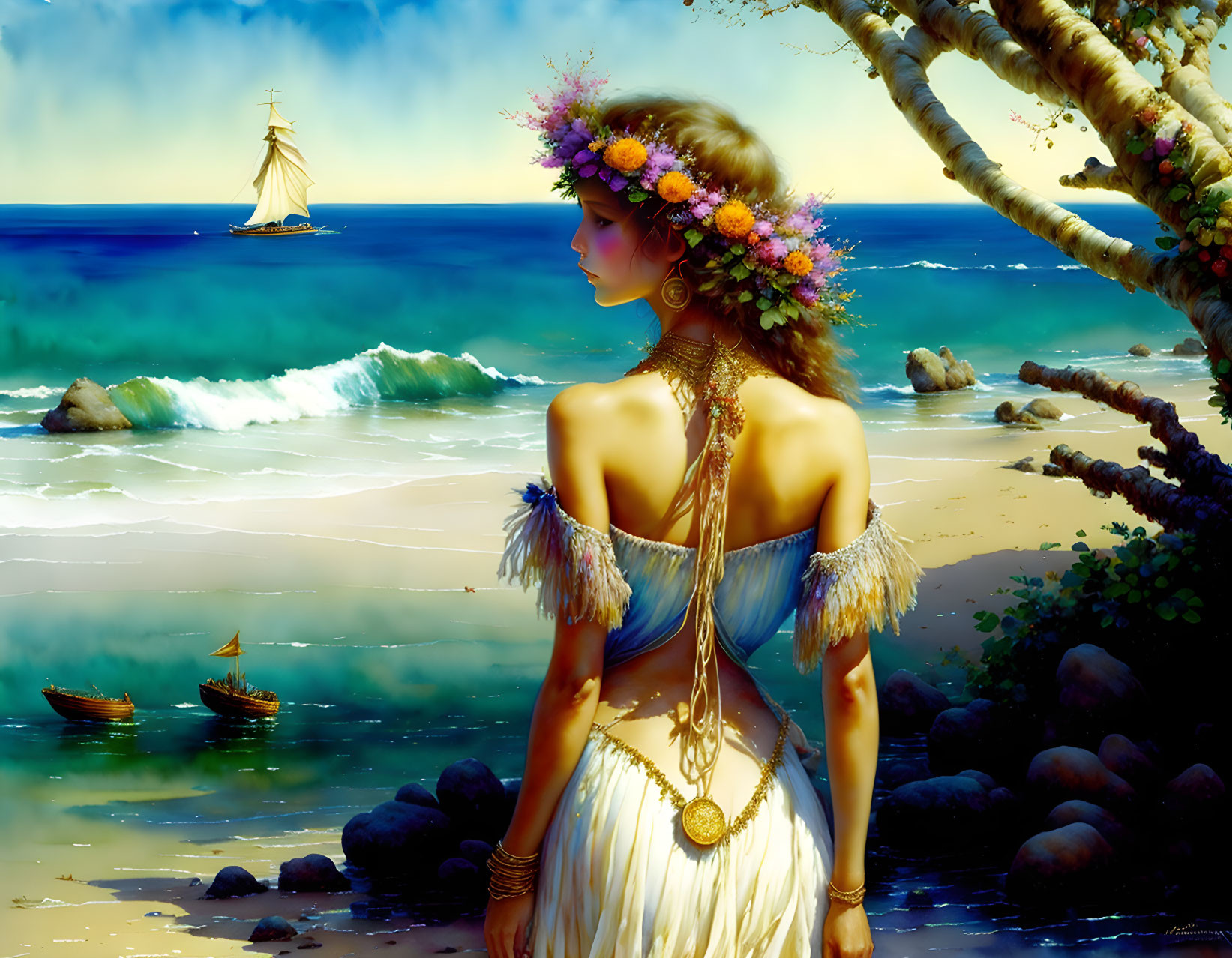 Woman in flower crown and white dress admiring sailboats on calm sea under blue sky