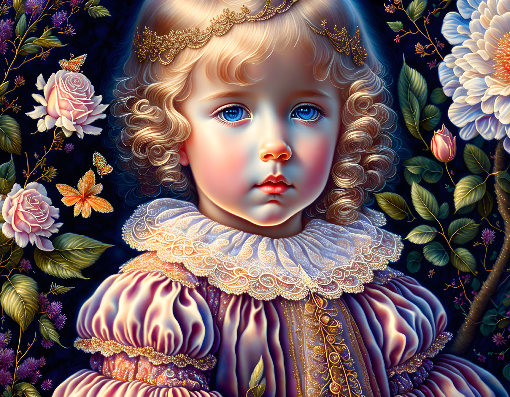 Digital portrait of a child with blue eyes and curly hair in a floral setting