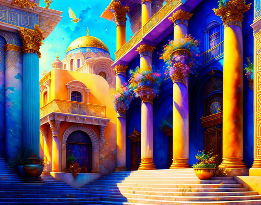 Fantasy palace with blue and gold pillars under starry sky