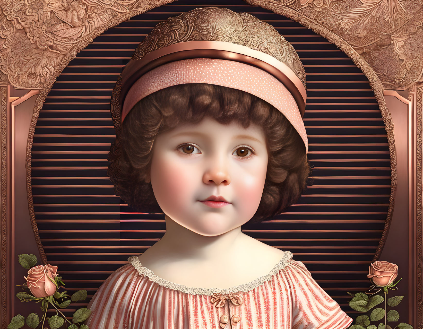 Hyper-realistic illustration of child in vintage attire surrounded by roses.