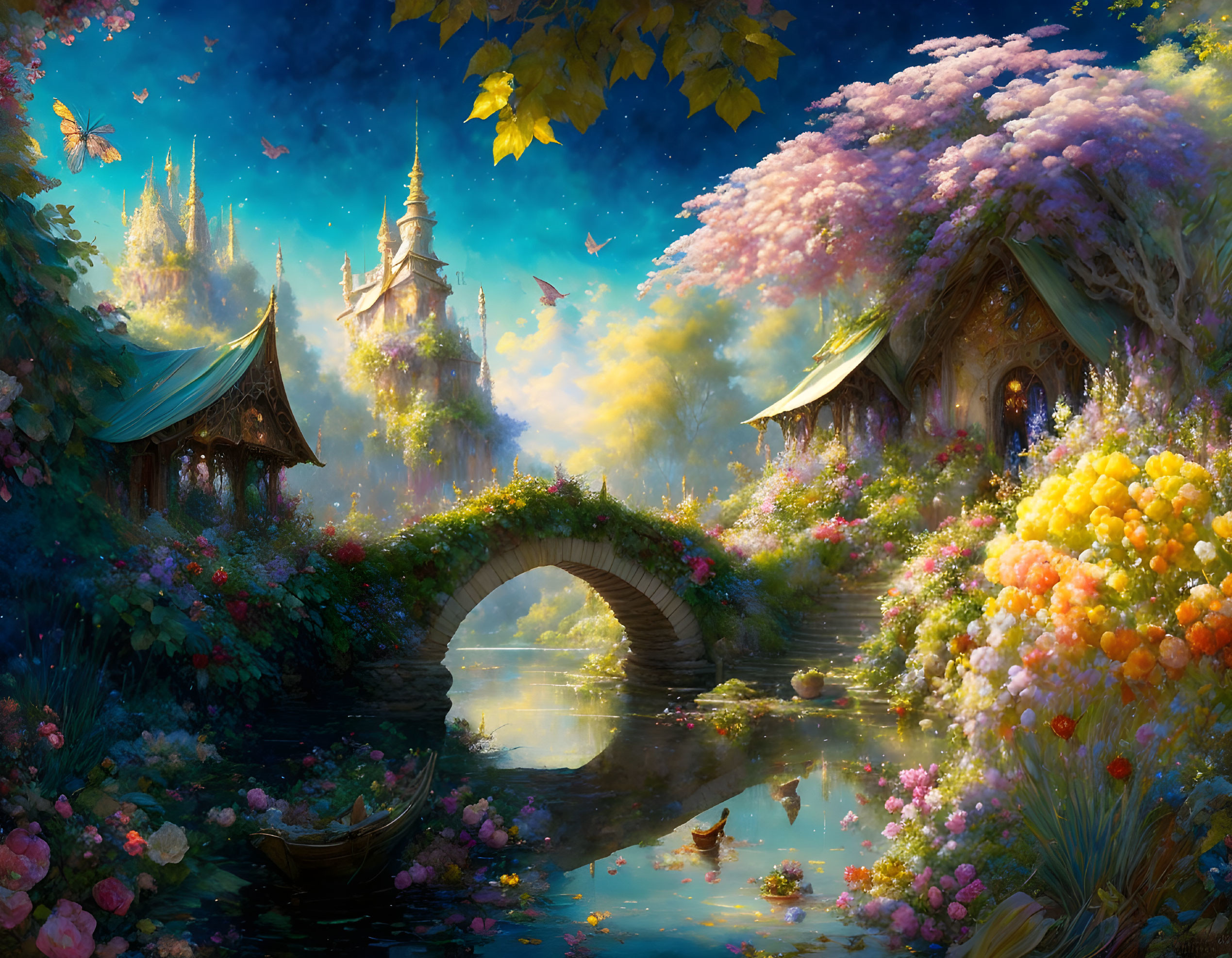 Enchanting castle in magical landscape with stone bridge and blooming trees