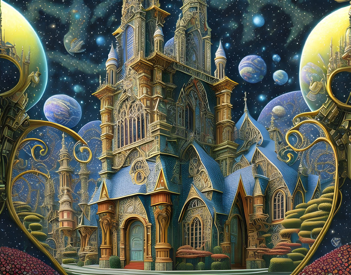 Intricate Fantastical Castle Against Cosmic Backdrop