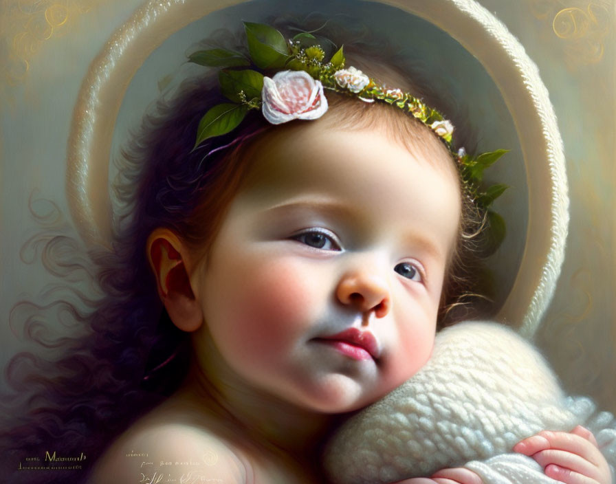 Curly-Haired Baby in Floral Headband Portrait on Cushion