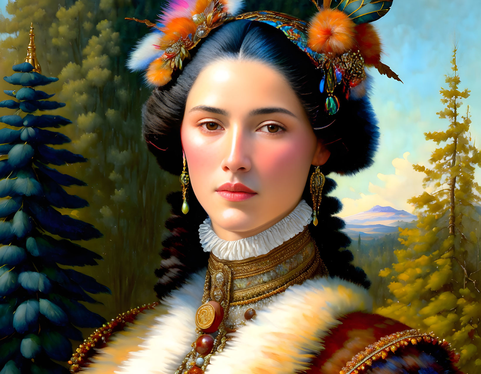 Portrait of woman with feathered hair and fur-lined garment in nature landscape