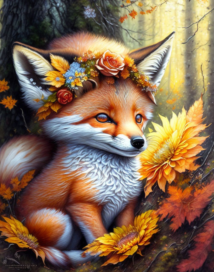 Colorful Fox with Flower Crown in Autumn Forest