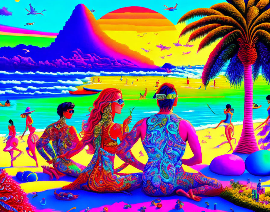 Colorful Body Painted Individuals on Vibrant Beach with Psychedelic Sky