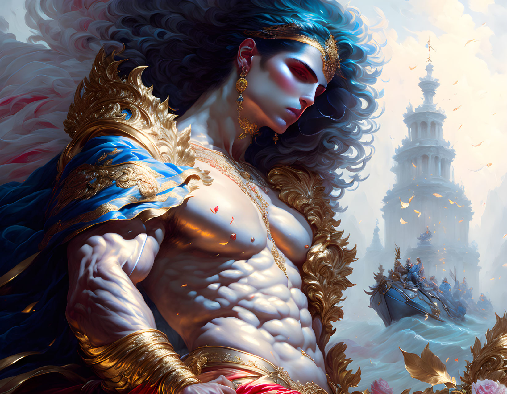 Fantasy artwork of majestic figure in golden armor and blue sash.