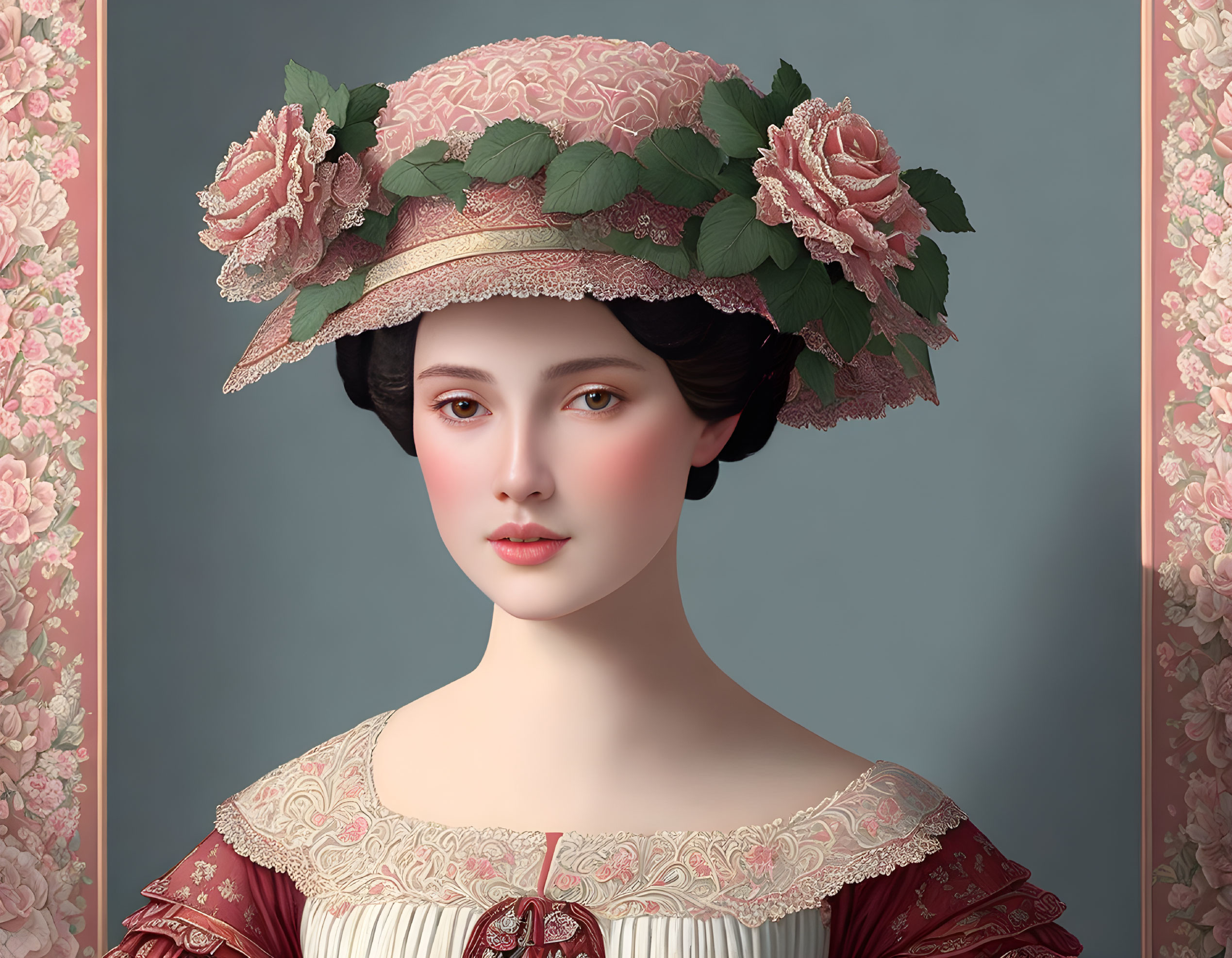 Vintage attire woman with pink lace bonnet in floral setting