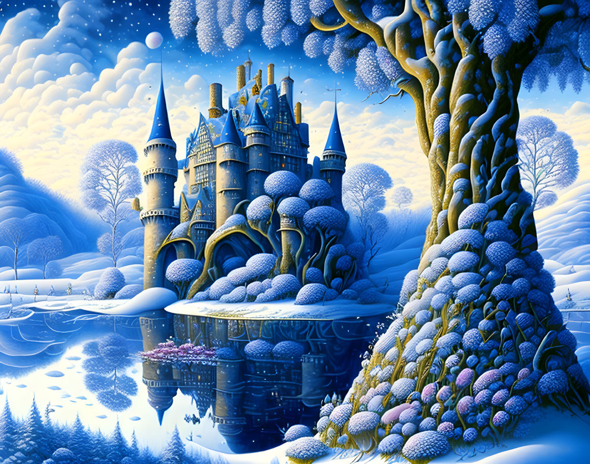 Winter Castle Scene: Snowy Trees, Lake Reflections