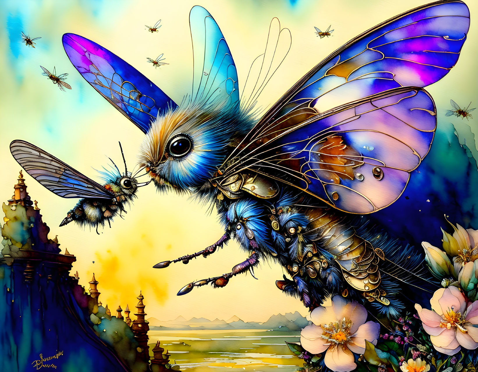 Whimsical bee-rabbit creature in floral landscape