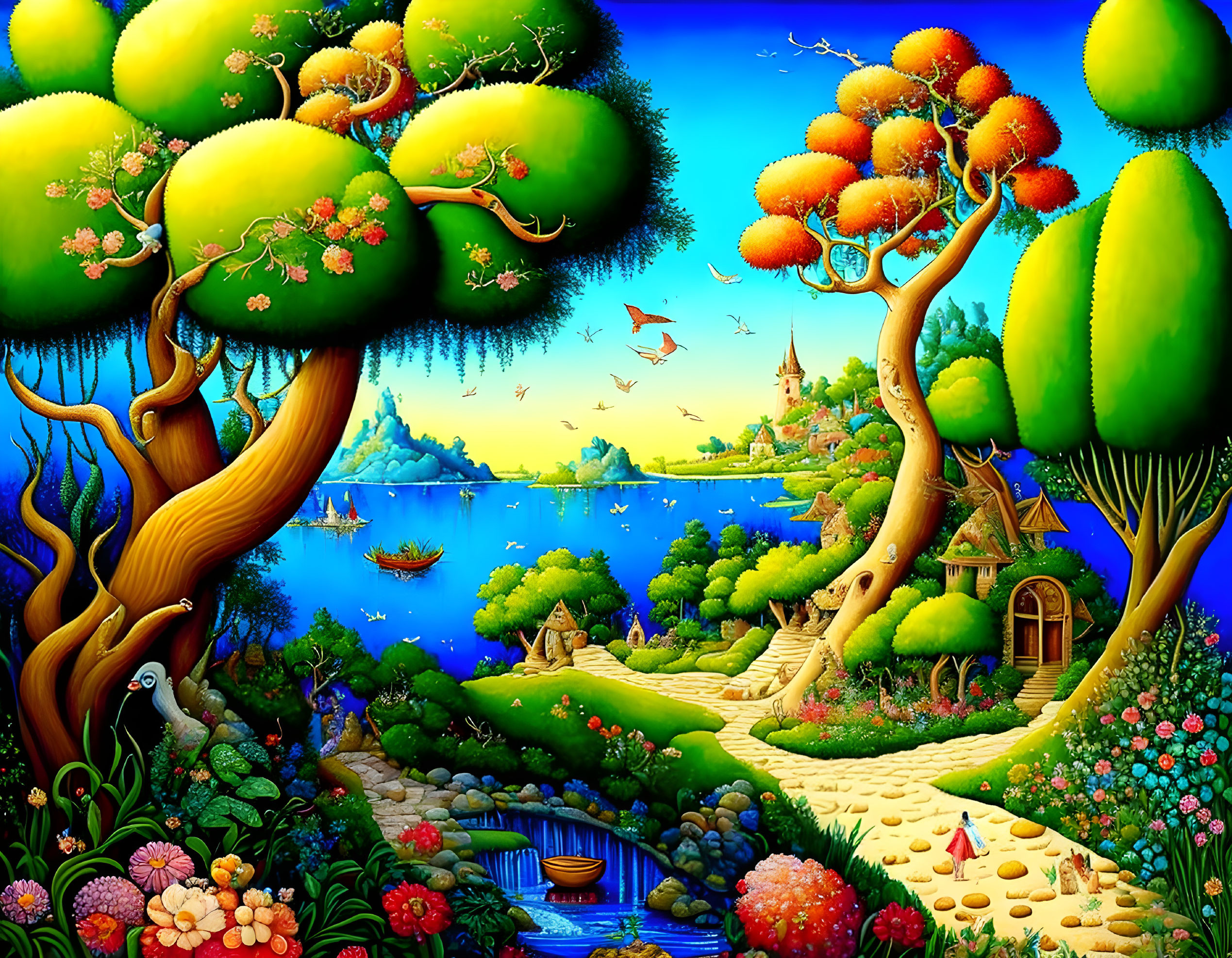 Colorful fantasy landscape with whimsical trees, cottage, lake, flowers & wildlife