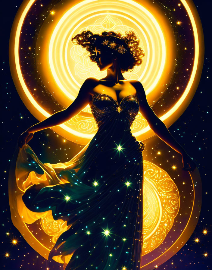 Mystical illustration of a woman in flowing dress with celestial rings and stars.