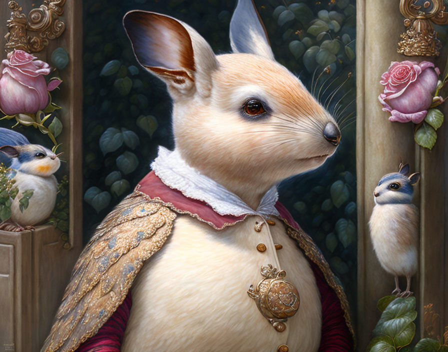 Regal anthropomorphic rabbit with birds in floral setting