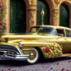 Vintage golden car with rose decorations parked in front of ornate building