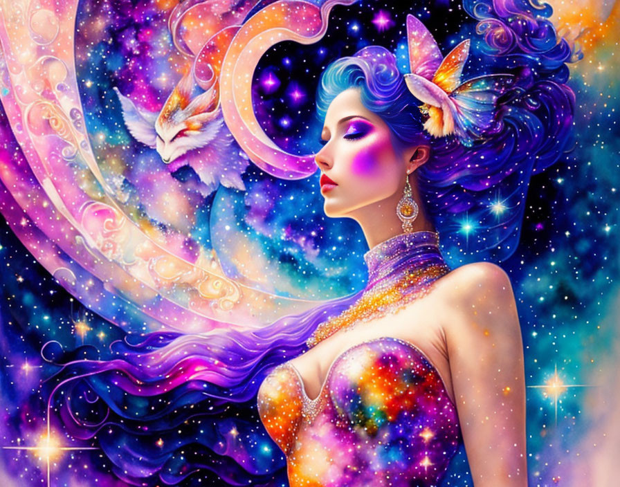 Colorful cosmic woman surrounded by stars, moon, butterflies, and owl