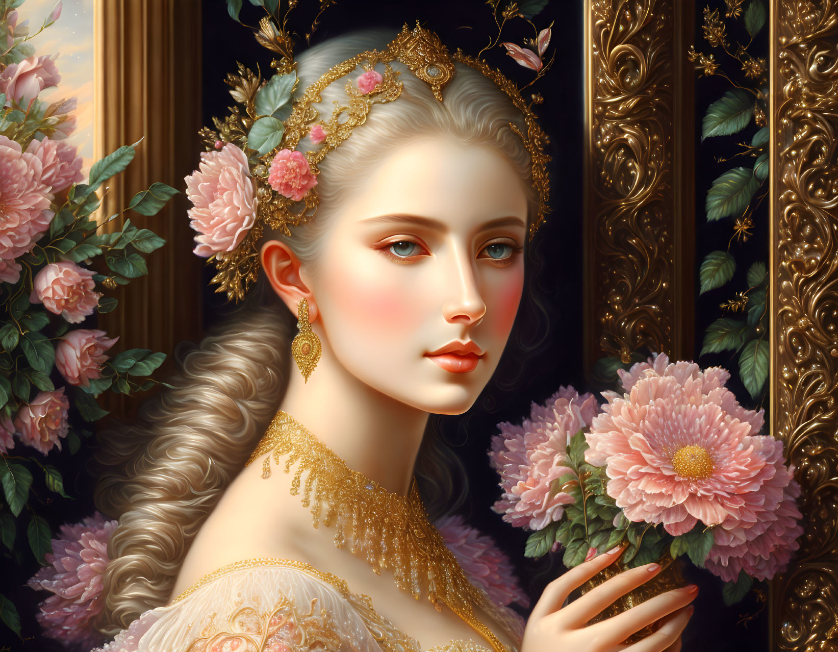 Detailed painting of woman with golden hair accessories and pink flower, surrounded by blooms and drapery.