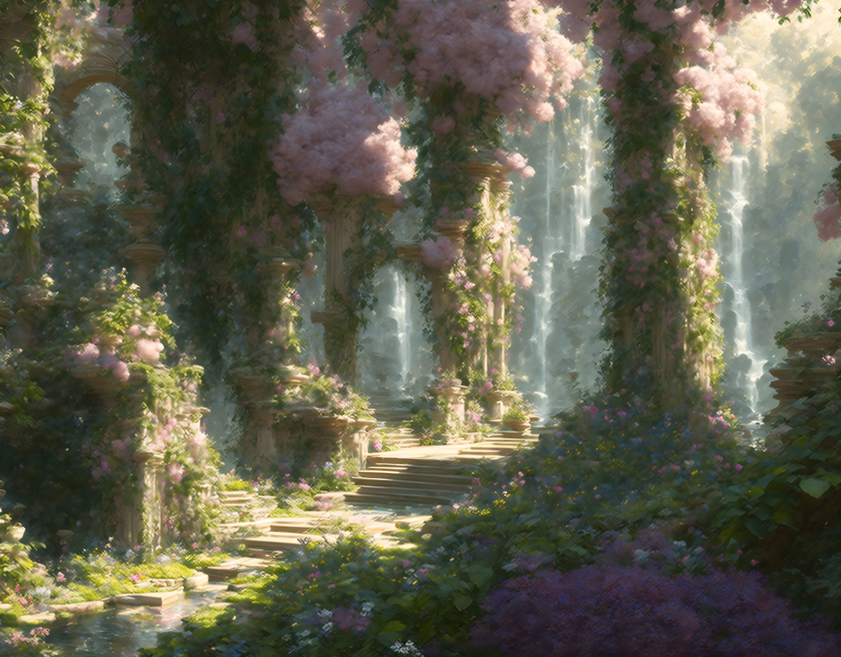 Ethereal garden with pink blossoming vines and stone arches