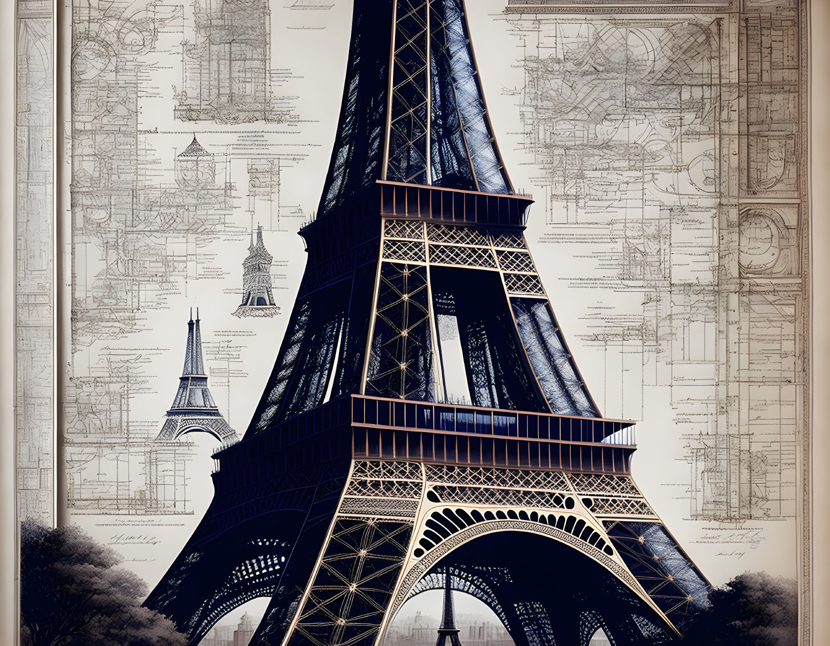 Eiffel Tower depicted with intricate architectural blueprints