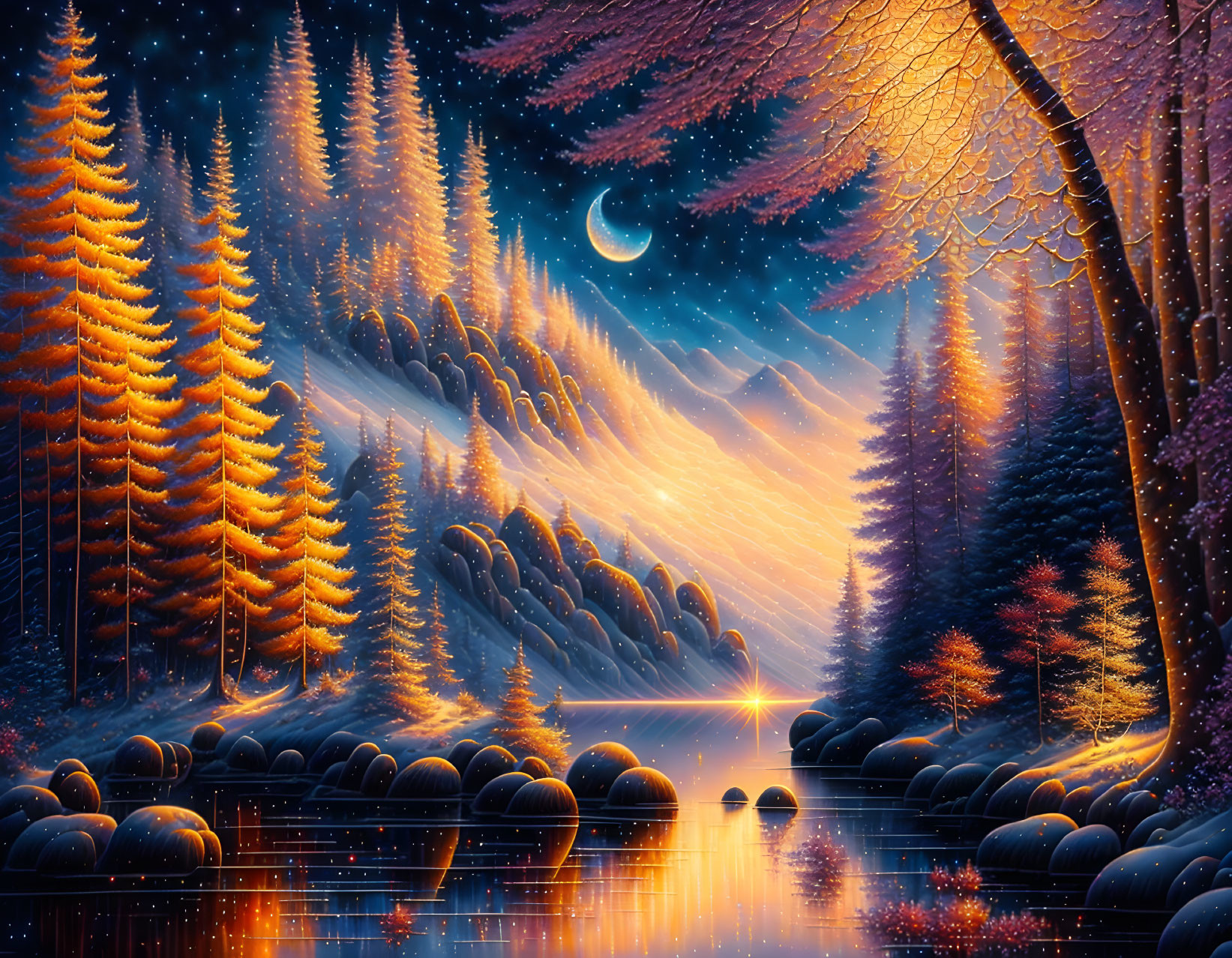 Nighttime landscape with glowing trees, crescent moon, stars, and tranquil river