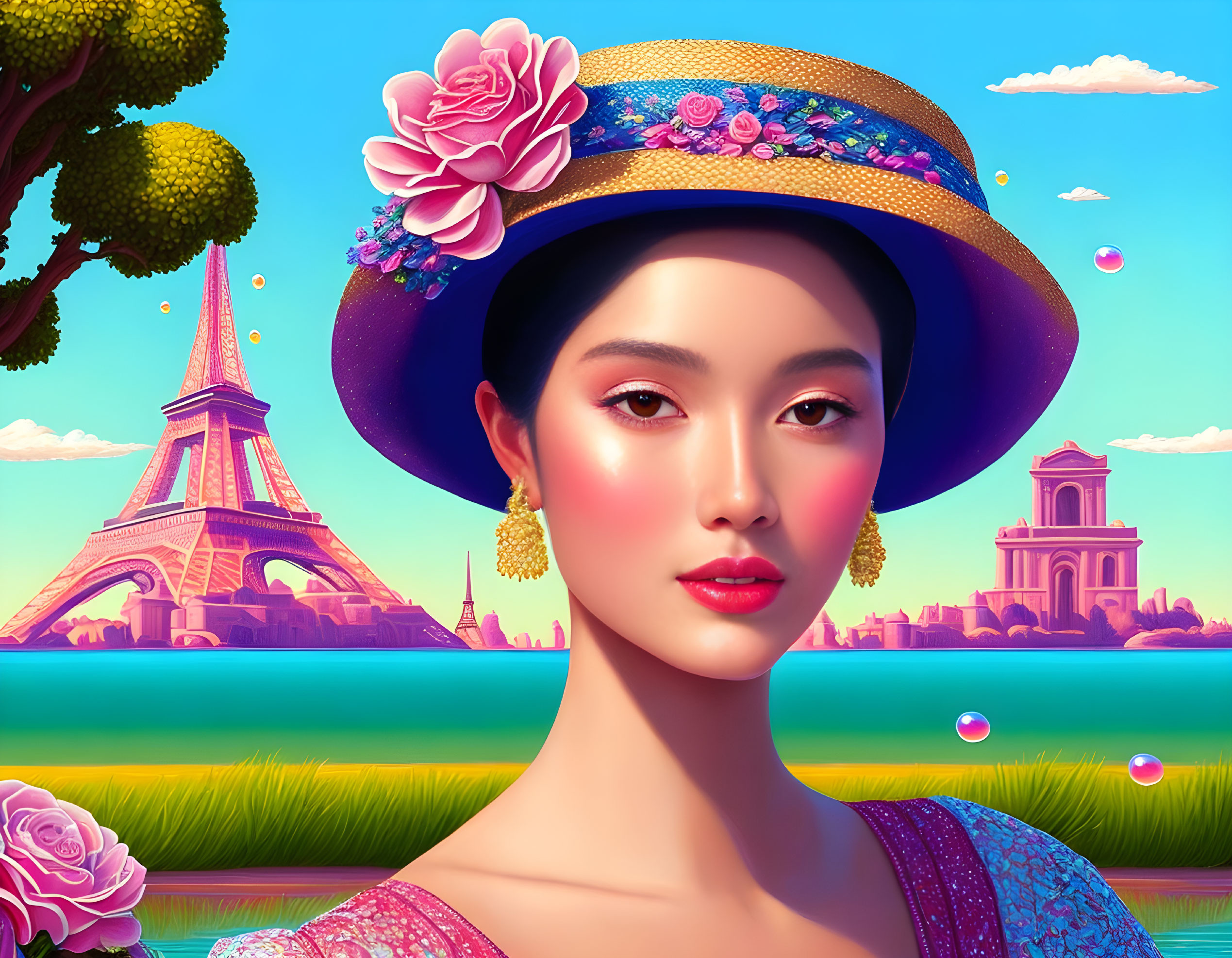 Stylized portrait of a woman with flowery hat, Eiffel Tower, arch, roses