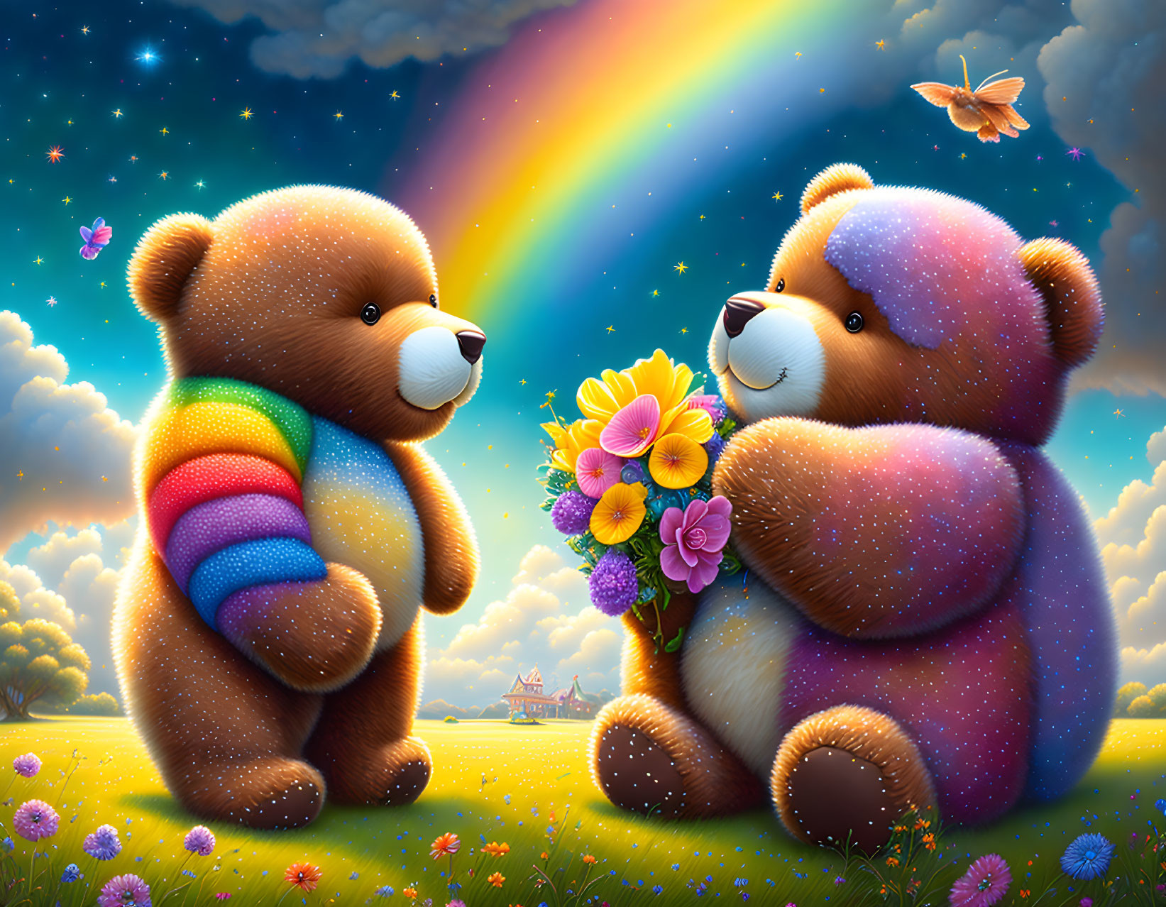 Colorful Teddy Bears in Vibrant Field with Rainbow and Butterflies