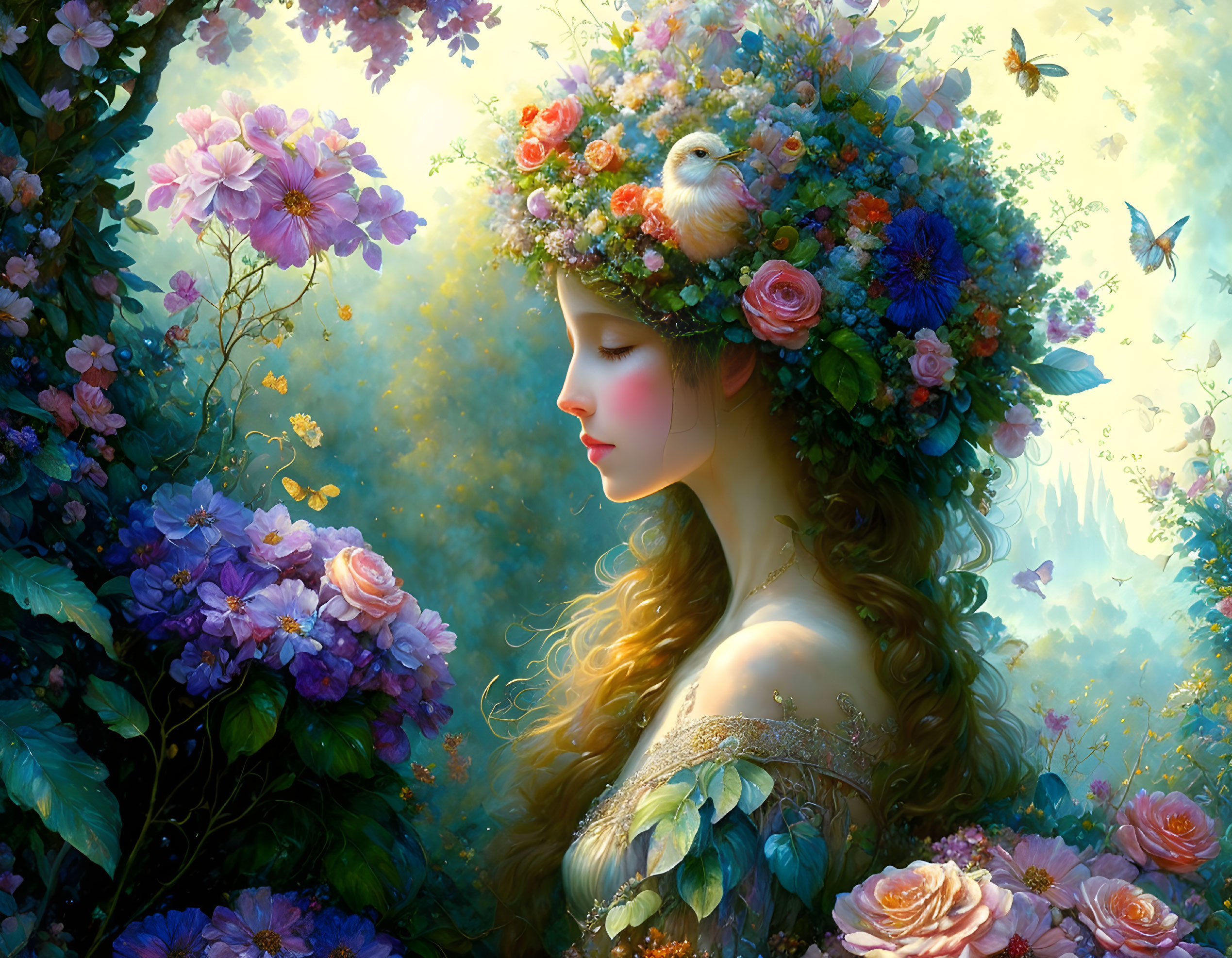 Woman with floral wreath, bird, butterflies, and blooms portrait