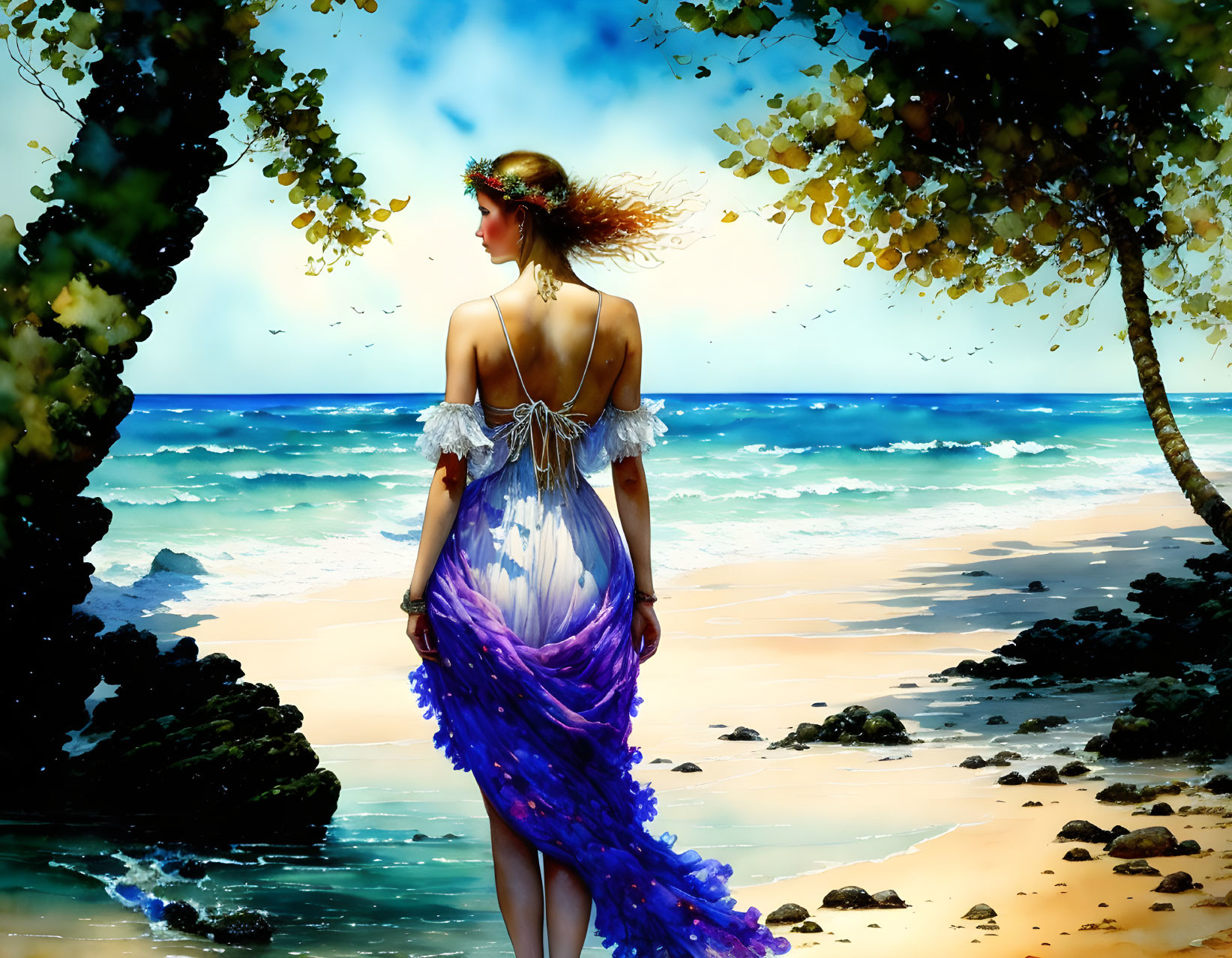 Woman in flowing blue dress by beach and trees