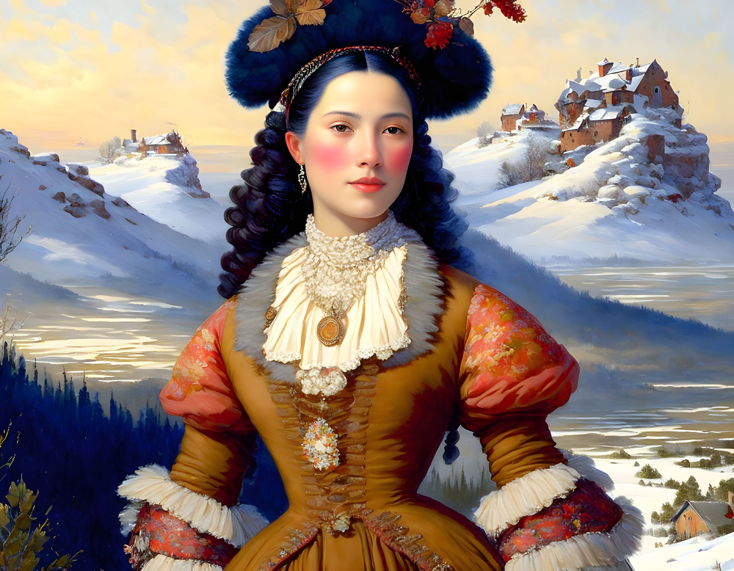 European Winter Landscape Portrait: Digital Art with Historical Attire