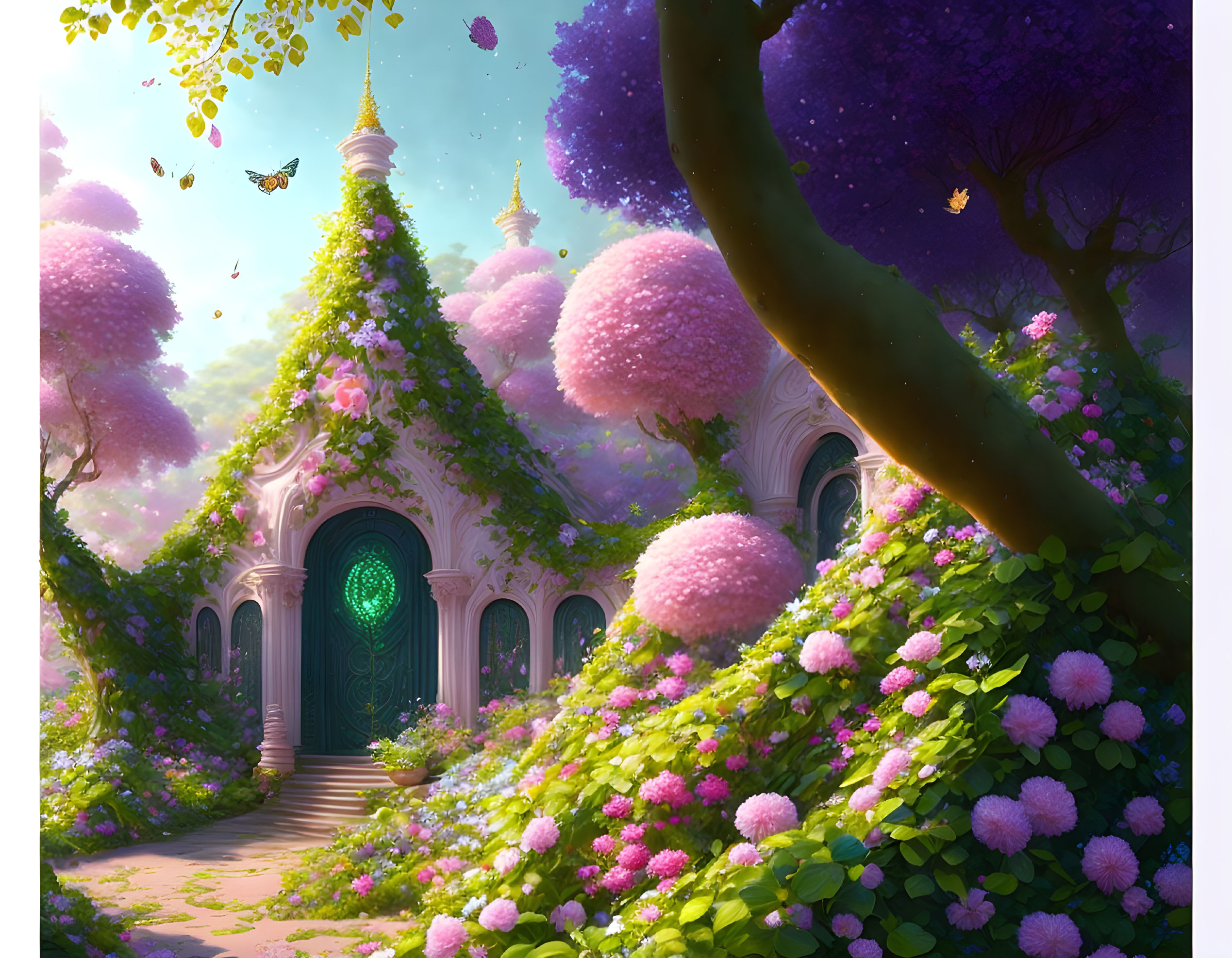 Ornate ivy-covered building in fantastical landscape