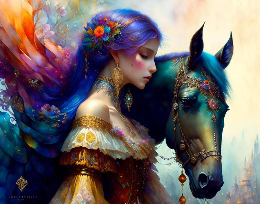 Colorful woman and horse with ornate floral details