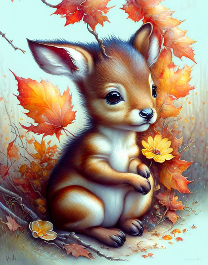 Illustrated fawn with expressive eyes among autumn leaves and yellow flower