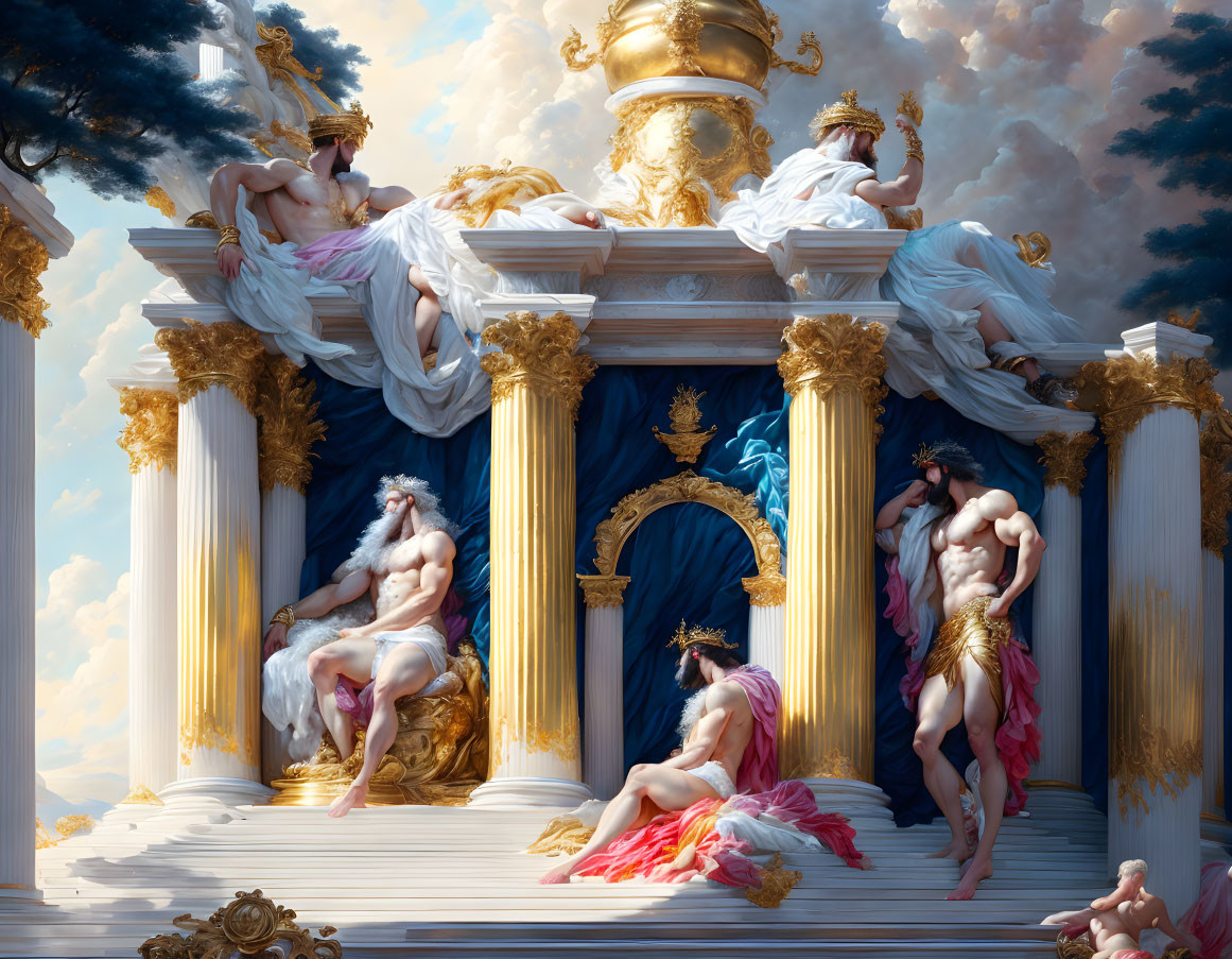 Neoclassical painting of mythical figures on ornate balcony