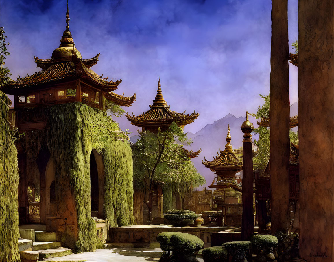 Traditional Asian courtyard with pavilions, willow trees, stone steps, and moss-covered decorations