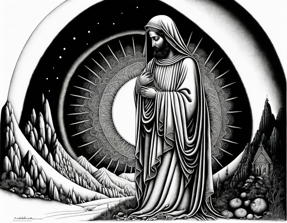 Monochromatic artwork of robed figure in halo, mountains, church, and circular patterns.